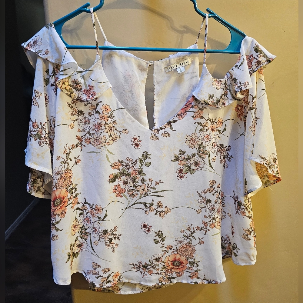 Haute Monde Floral Cold Shoulder Blouse - Cream and Pink